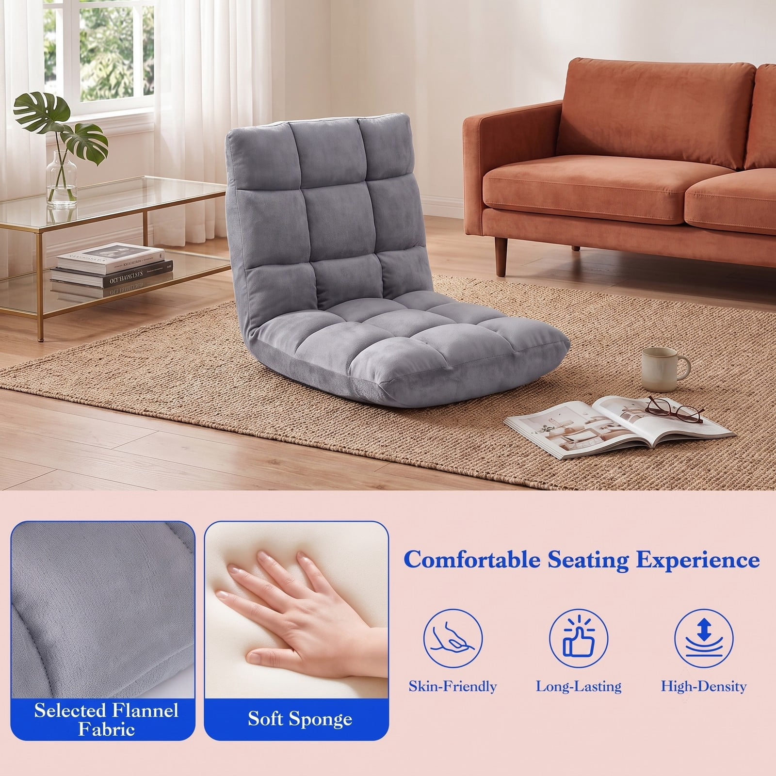 Furnibear 14-Position Adjustable Cushioned Floor Chair, Padded Folding Lazy Sofa Gaming Chair with Steel Frame Back Support for Living Room Bedroom Reading, Light Gray