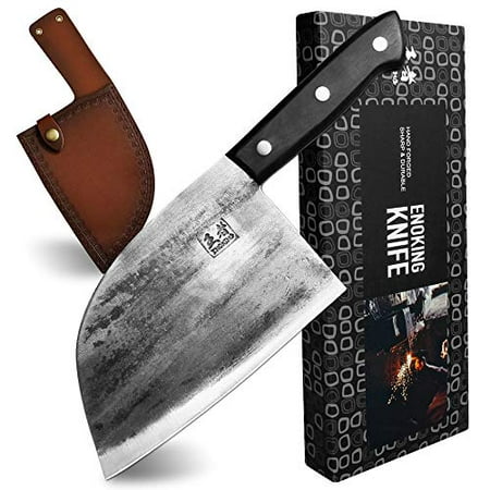 

ENOKING Butcher Knife Hand Forged Meat Cleaver with Full Tang Handle Super Sharp Serbian Chef Knife Kitchen Knife for Meat Cutting & Vegetables High-carbon Steel Cleaver Knife with Leather Sheath