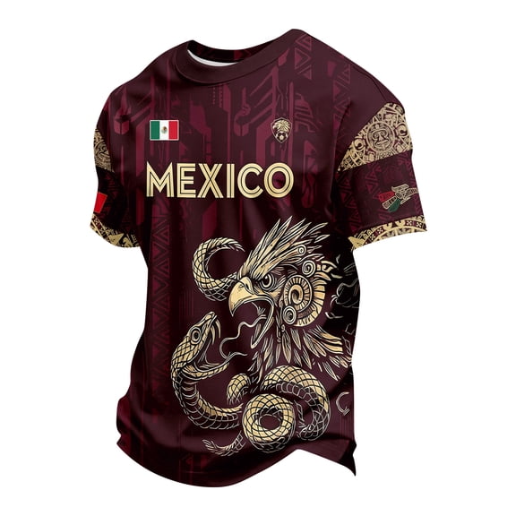 Mexico Men's Soccer Jersey, Men's Mexican Heritage Aztec Graphic T-Shirt, Short Sleeve Athletic Football Top, Eagle and Snake Emblem Fan Gear