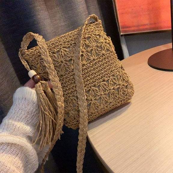 YEUHTLL Women Beach Woven Straw Shoulder Messenger Bag with Tassel Boho Hollow Out Crochet Crossbody Handbag Macrame Purse