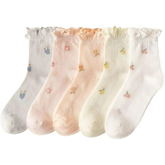 YooGuoGuo 5 Pair Cute Ankle Socks for Women Coquette Bow Print Ruffle Frilly Cotton Socks Lace Trim Breathable Summer Socks