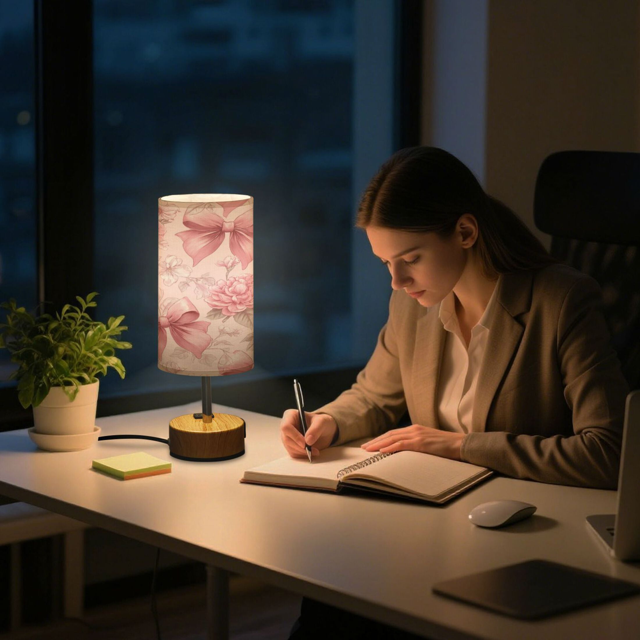 Touch-Control 3-Color Desk Lamp with Plug – Energy-Saving LED + 3 Simultaneous Charging Ports Pink Bows and Peony Flowers