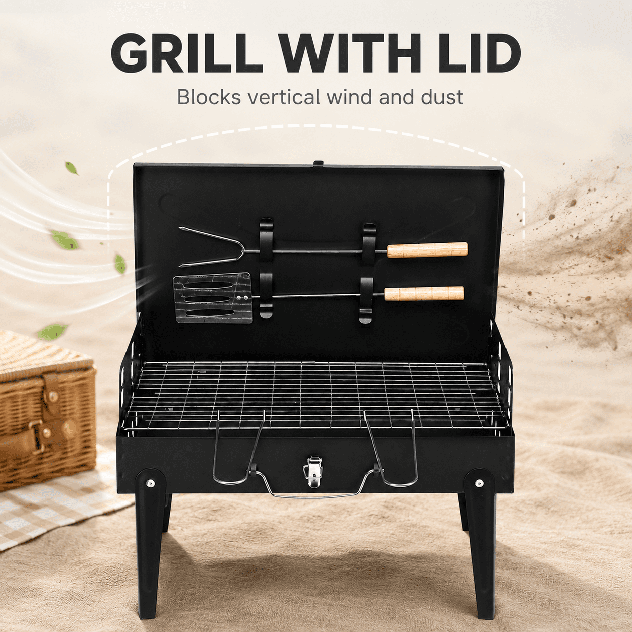Alvantor Portable Square Charcoal Grill with Lid and Foldable Legs Black 17.3 x 10.6 in