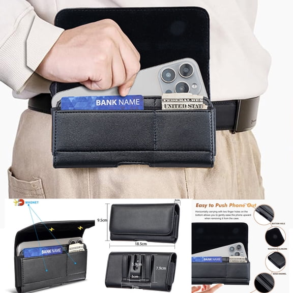 ELEHOLD Premium Leather Cell Phone Waist Belt Holster Magnetic Pouch Waist Bag with Magnetic Closure Horizontal Holster Case with Card Slots for Universal 7 inch Phone,Black