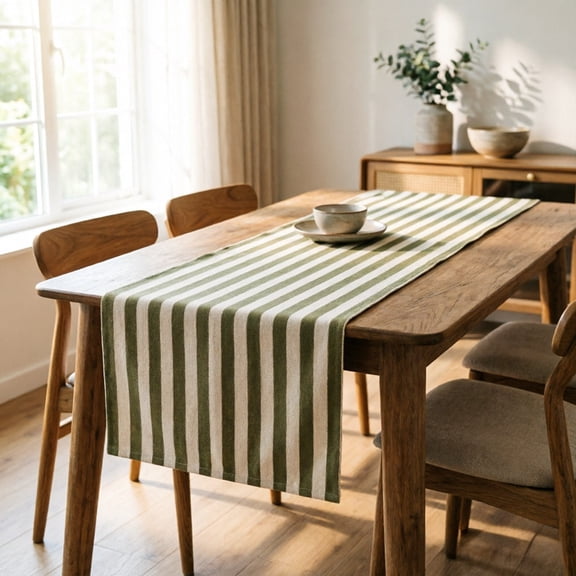 LLDYYDS Green and White Striped Table Runner, Modern Stripes Pattern Elegant Cotton Canvas Kitchen Dinner Runner