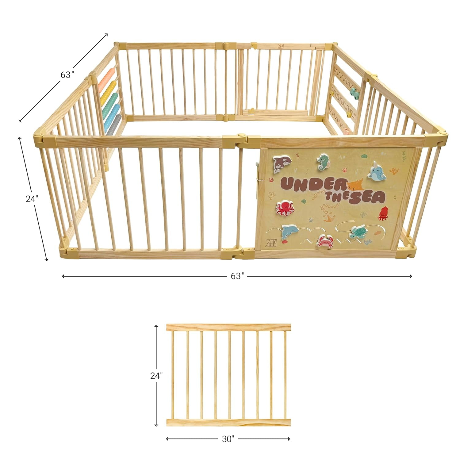 Wooden Playpen Extra Large for Toddlers and Babies - Under The Sea Theme Toy Design - (8/10) Wood Panels - Foldable and Adjustable Baby playpen - Extra Large Baby Play Yard (8-Panels)