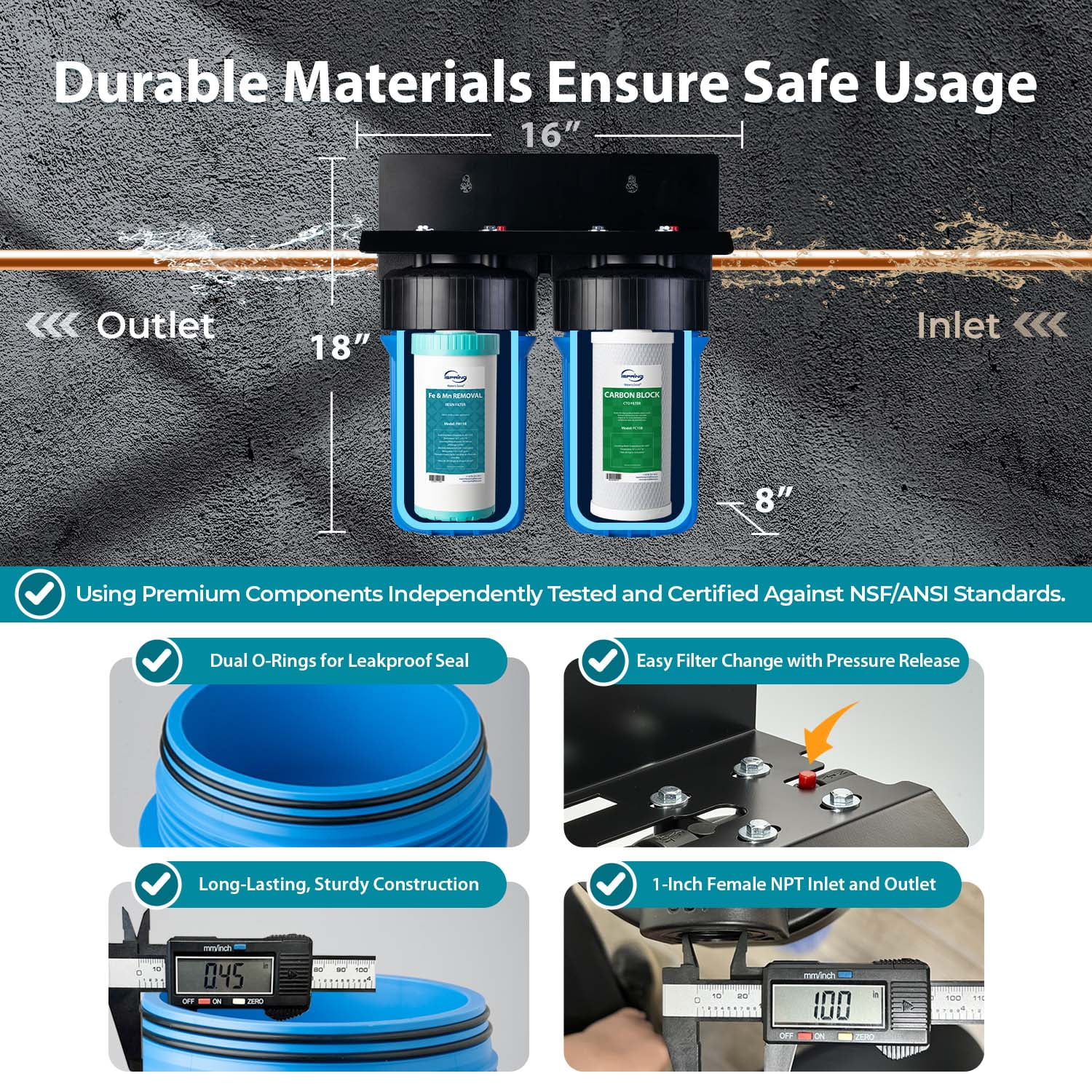 iSpring Whole House Water Filter System,Reduce Iron ,Manganese, Chlorine, Sediment, Taste & Odor, 5-Layer Iron Filter Whole House Water Filter, SGS-Tested, 10” x 4.5” Filters,1”Inlet/Outlet, Model: W