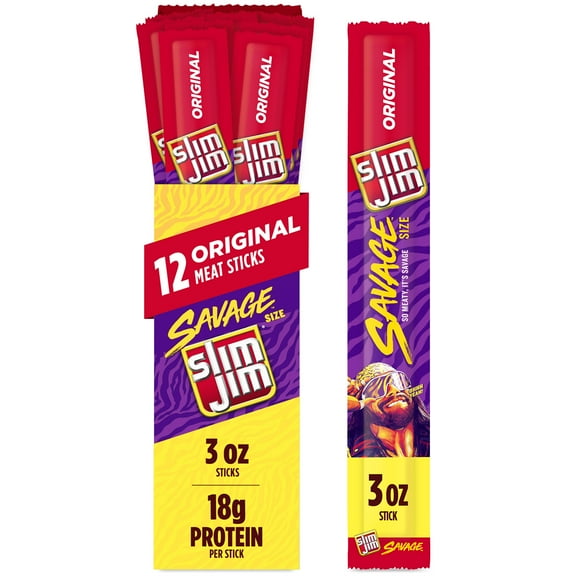 Slim Jim Savage Smoked Meat Sticks, Original Flavor, High Protein, 3.0 oz. (12-ct)