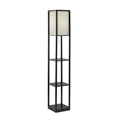 Mainstays 62" Plastic Black Shelf Floor Lamp, Sustainable White Fabric Shade ,Modern Design, New Condition, Adult and Dorm Room Use