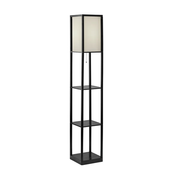 Mainstays 62" Plastic Black Shelf Floor Lamp, Sustainable White Fabric Shade ,Modern Design, New Condition, Adult and Dorm Room Use