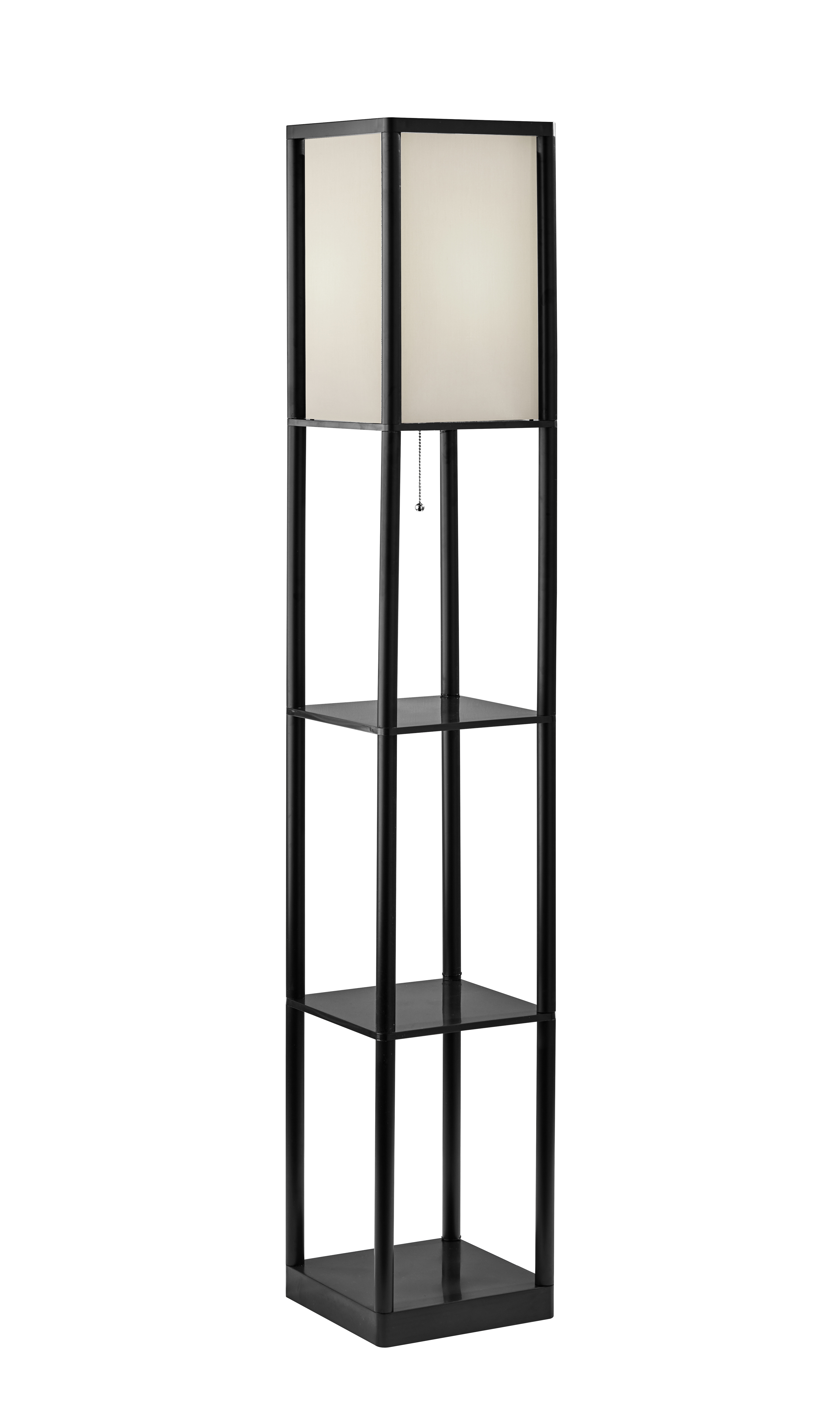 Mainstays 62 Inch Floor Lamp With Black Plastic Shelves and Sustainable White Fabric Shade
