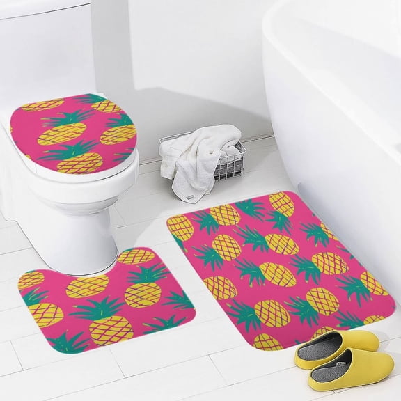 Lunarable Pineapple Bathroom Mats Set 3-piece Bath Mats , Floor Rug Decorations for Kitchen Bathroom Bedroom