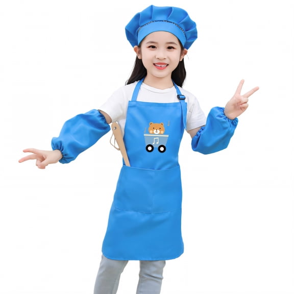 AUQ Kids Chef Hat and Apron,Form-Fitting Style Toddler Apron,Polyester Fabric Surface Waterproof Apron,Blue2