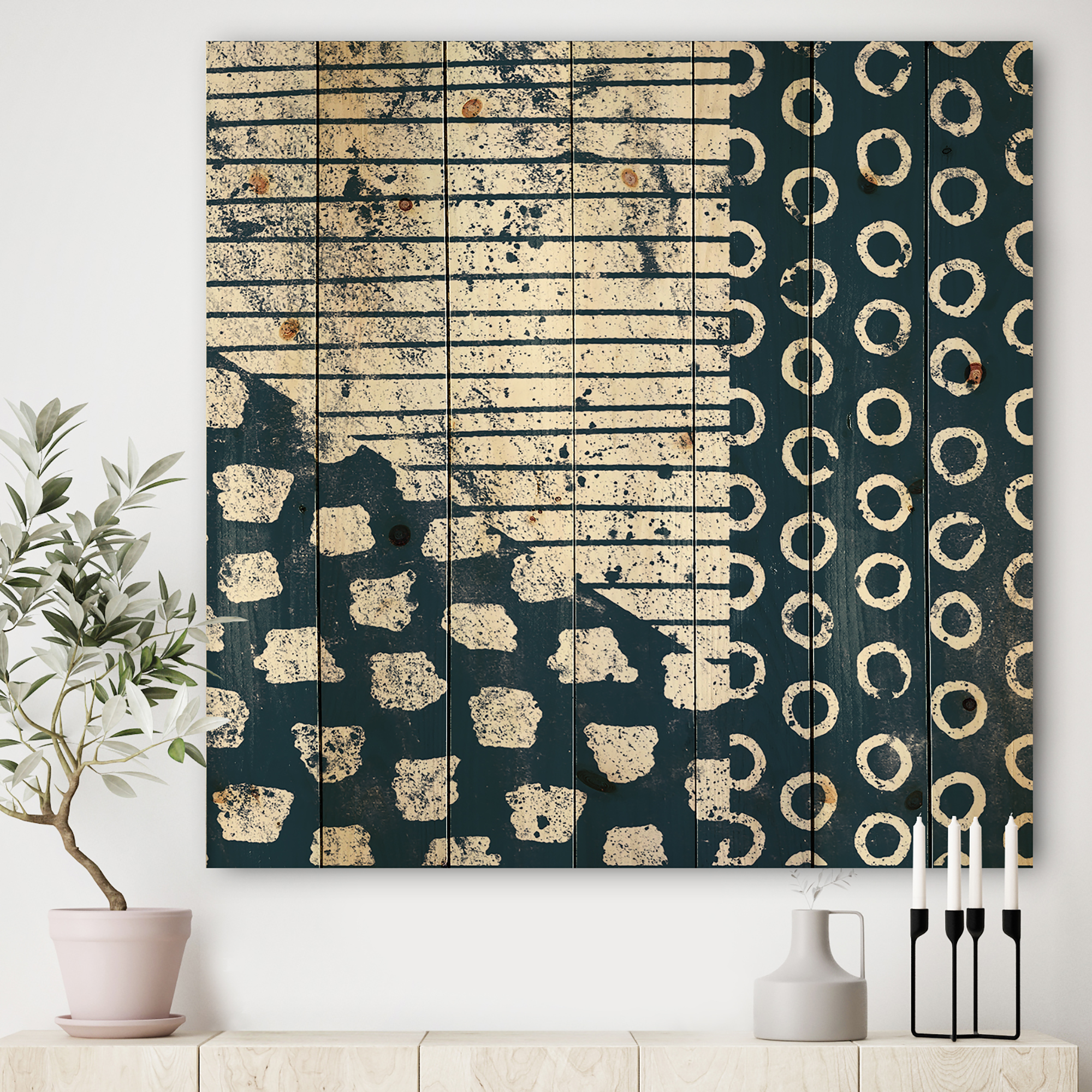 Designart 'Indigo Tile and Striples' Modern & Transitional Print on Natural Pine Wood