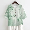 thumbnail image 4 of Xoenoiee Green Bamboo Leaves Print Womens 3/4 Sleeve Button Down Shirts Cotton Linen Tops V Neck Casual Loose Fit Blouses Pullover, XL, 4 of 7