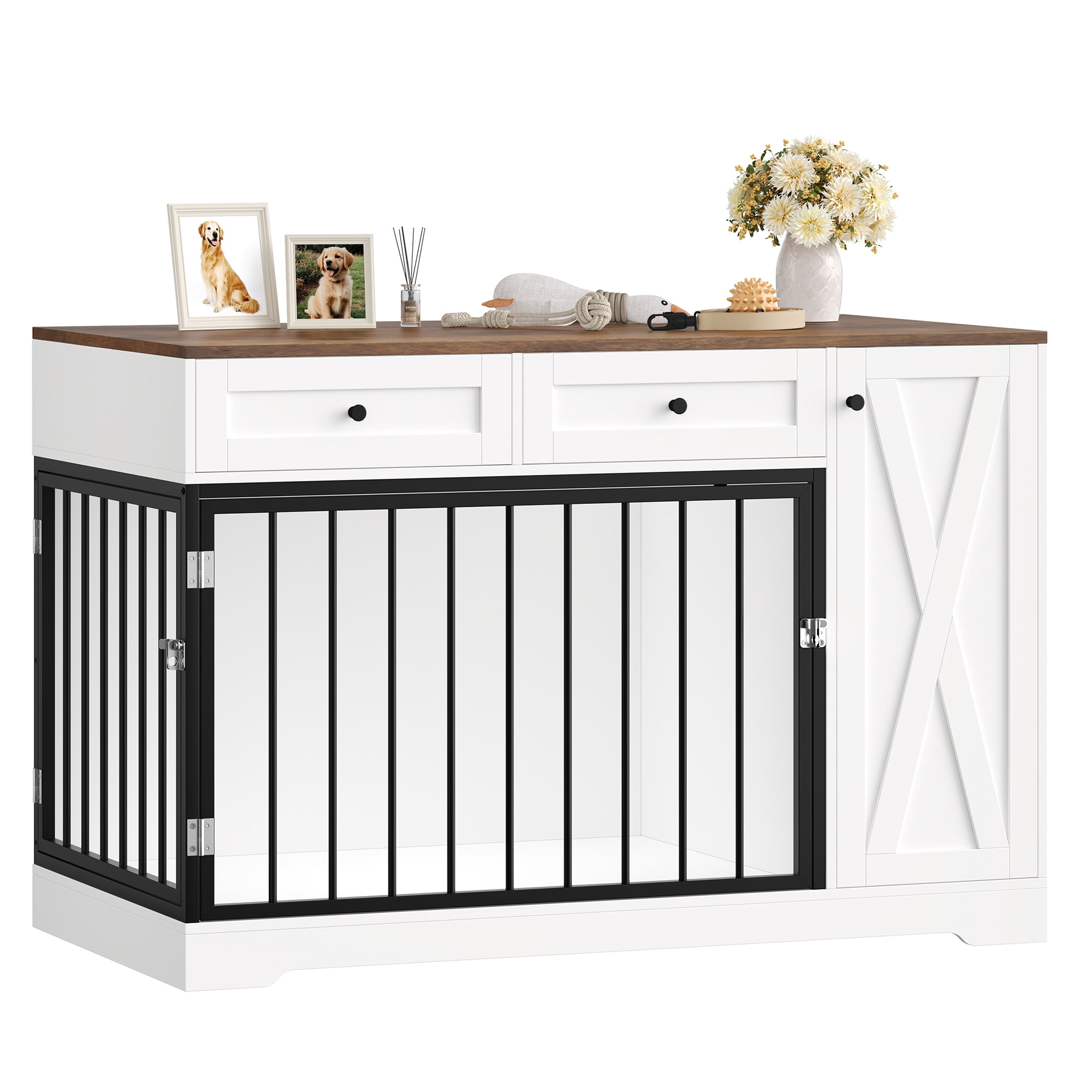 Homfa Dog Crate with Storage Cabinet and 2 Drawers, Indoor Furniture Style Wooden Large Dog Kennel, White