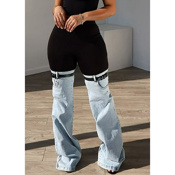 Women’s Two-Tone High Waist Casual Pants Black Knit & Denim Panel Slight Flare Leg Pants with Buckle Detail