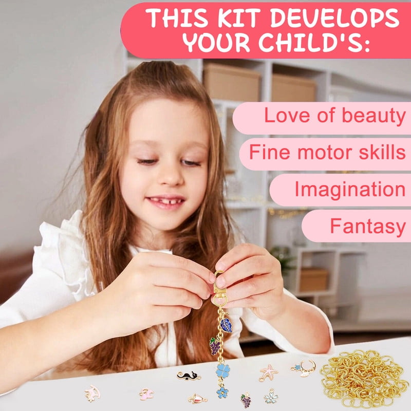Keychain Making Kit w/Charms Jump Rings Hole Punch Pliers for DIY Crafting and Jewelry Making