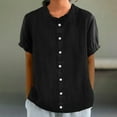 thumbnail image 2 of Stylish Olyvenn Short Sleeve Linen Shirts Women's Cotton Linen Button Ruffled Shirts Summer Loose Stand Collar Casual Boho Tops Black L, 2 of 6
