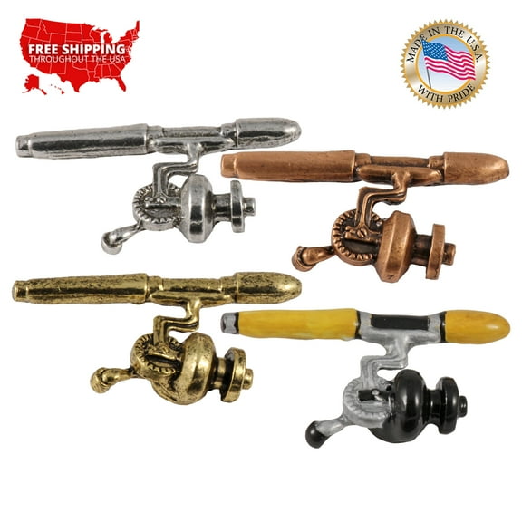 Spinning Rod and Reel, Fishing Rod, Pewter, Hat, Lapel, Brooch, Pin, Pins, Made in USA, Over 200 Fishing Designs Available, Creative Pewter Designs.