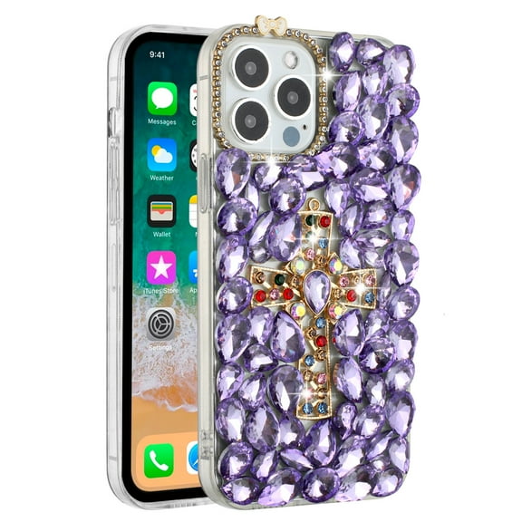 For Apple iPhone 15 (6.1") Cross Bling Crystal 3D Full Diamonds Pearl Luxury Sparkle Rhinestone Glitter Hybrid Cover ,Xpm Phone Case [ Purple ]