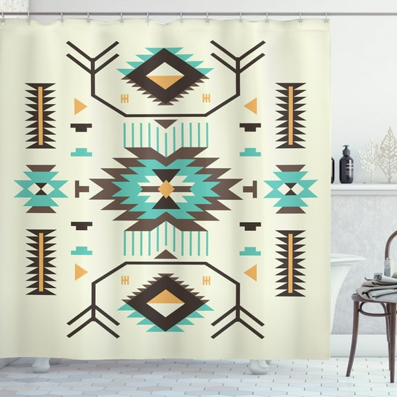 Southwestern Shower Curtain, Ethnic Pattern Design from Ancient Aztec Culture with Indigenous Zigzag Motifs, Fabric Bathroom Set with Hooks, 69W X 75L Inches Long, Multicolor, by Ambesonne