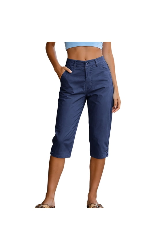 Women's Mid-Rise Button-Front Capri Pants, Casual Straight Leg Cropped Trousers with Button Cuffs, S-XXXL