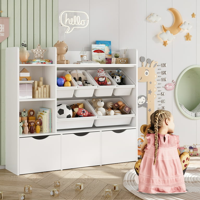 Homfa Kids Bookcase, 6 Storage Bins, 3 Drawers, 4 Shelves, White