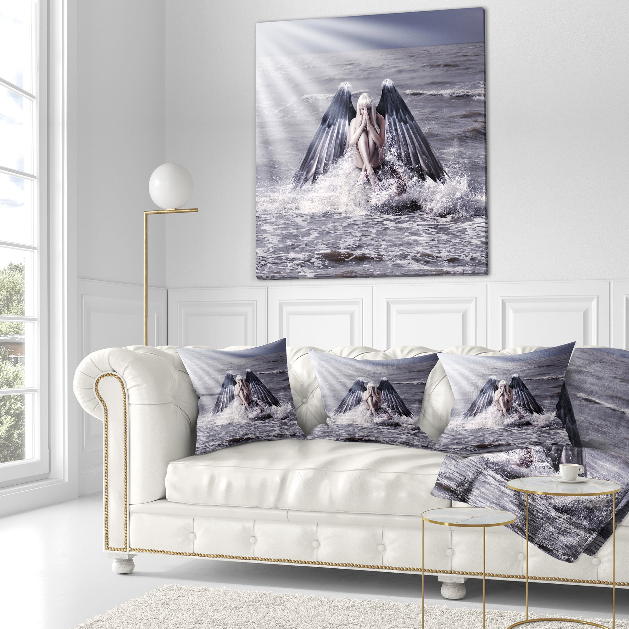 Designart Woman with Dark Angel Wings - Modern Beach Throw Pillow - 16x16