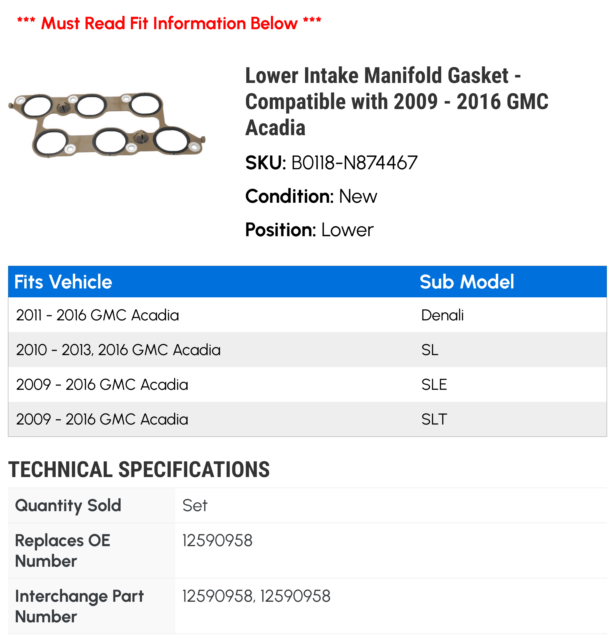 Lower Intake Manifold Gasket - Compatible with 2009 - 2016 GMC Acadia 2010 2011 2012 2013 2014 2015