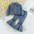 thumbnail image 2 of Edvintorg Girls Fall Outfits Long Sleeve Button Jacket Bowknot Flare Pants Denim Clothes Outfit 3-8 Years School Girl Outfit for Kids, 2 of 5