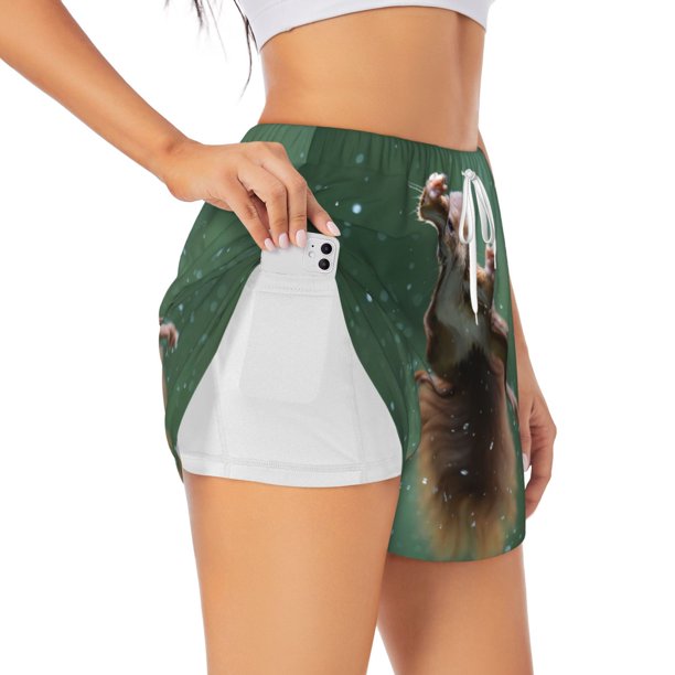 Balery Squirrel Pantalones cortos deportivos para mujer con forro y dos bolsillos, elásticos, para entrenamiento, gimnasio, yoga-Large