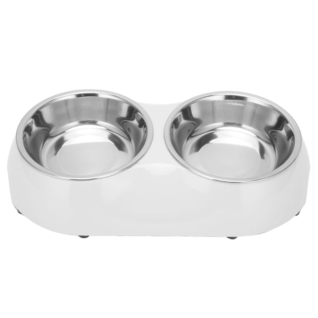 Cuencos dobles antideslizantes de acero inoxidable para mascotas, alimentador de agua para alimentos domésticos para mascotas medianas y pequeñas (M blanco)