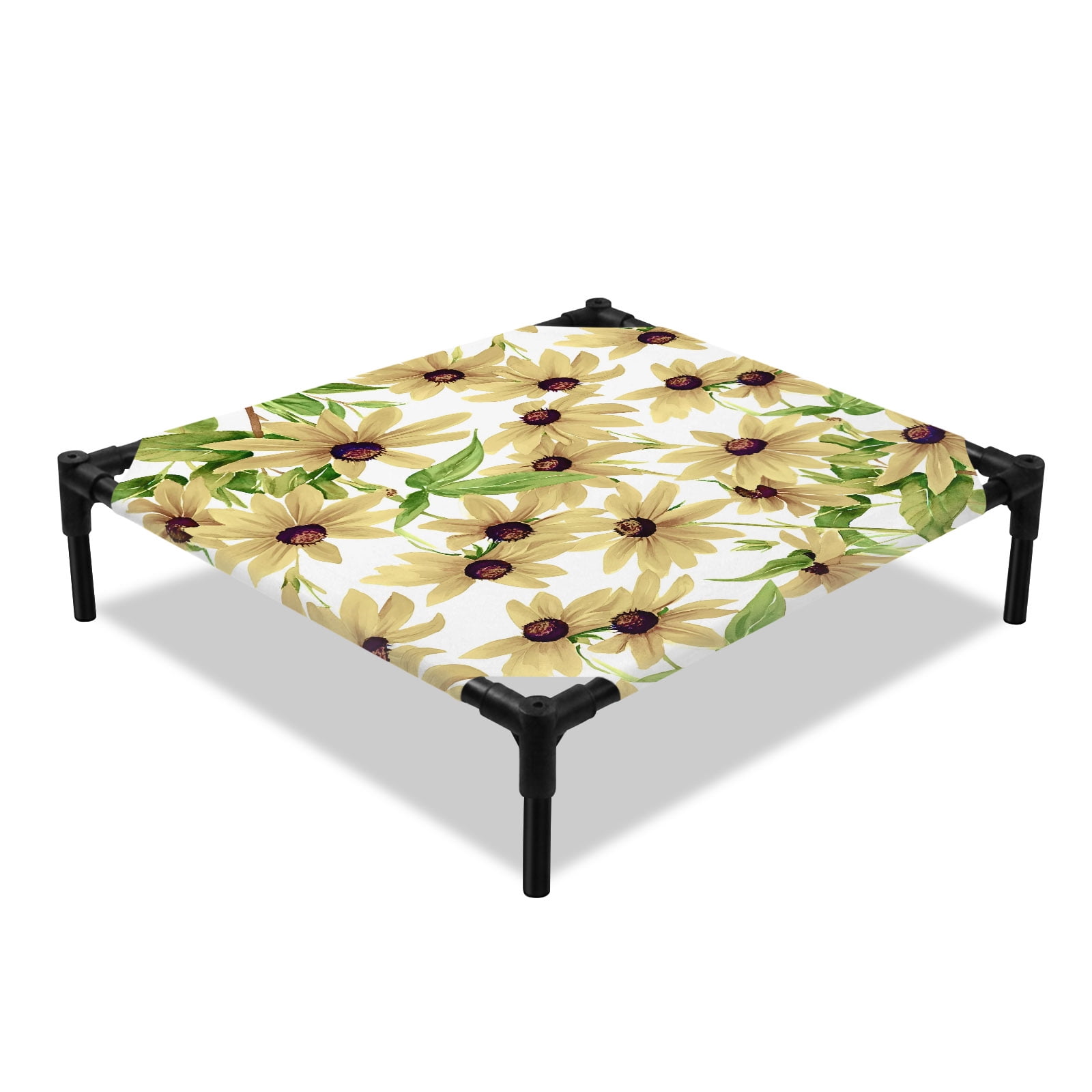 Light Yellow Sunflower Elevated Dog Bed Watercolor Flower Green Leaf Spring Country Cooling Breathable Outdoor Raised Dog Cot Bed with Metal Frame Non-Slip Feet for Small Dog 20x20in