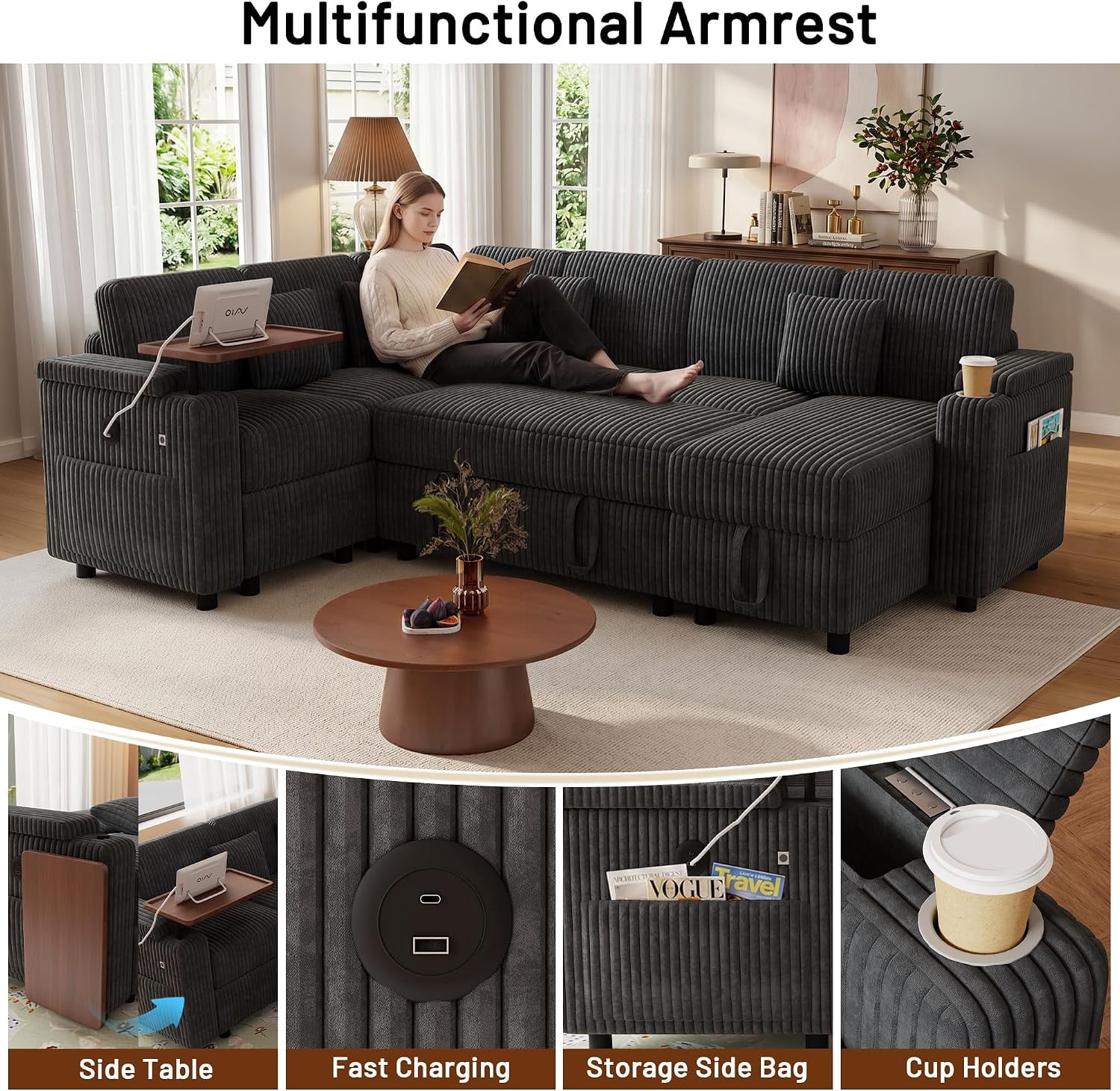 ShiKeyi 100'' Pull-out Sofa With USB ports, Table Board and Cup Holder, Comfortable Soft Cushioned Corduroy Fabric Sofa Bed, Extra-large U-shaped Combination Storage sofa bed, Dark Gray