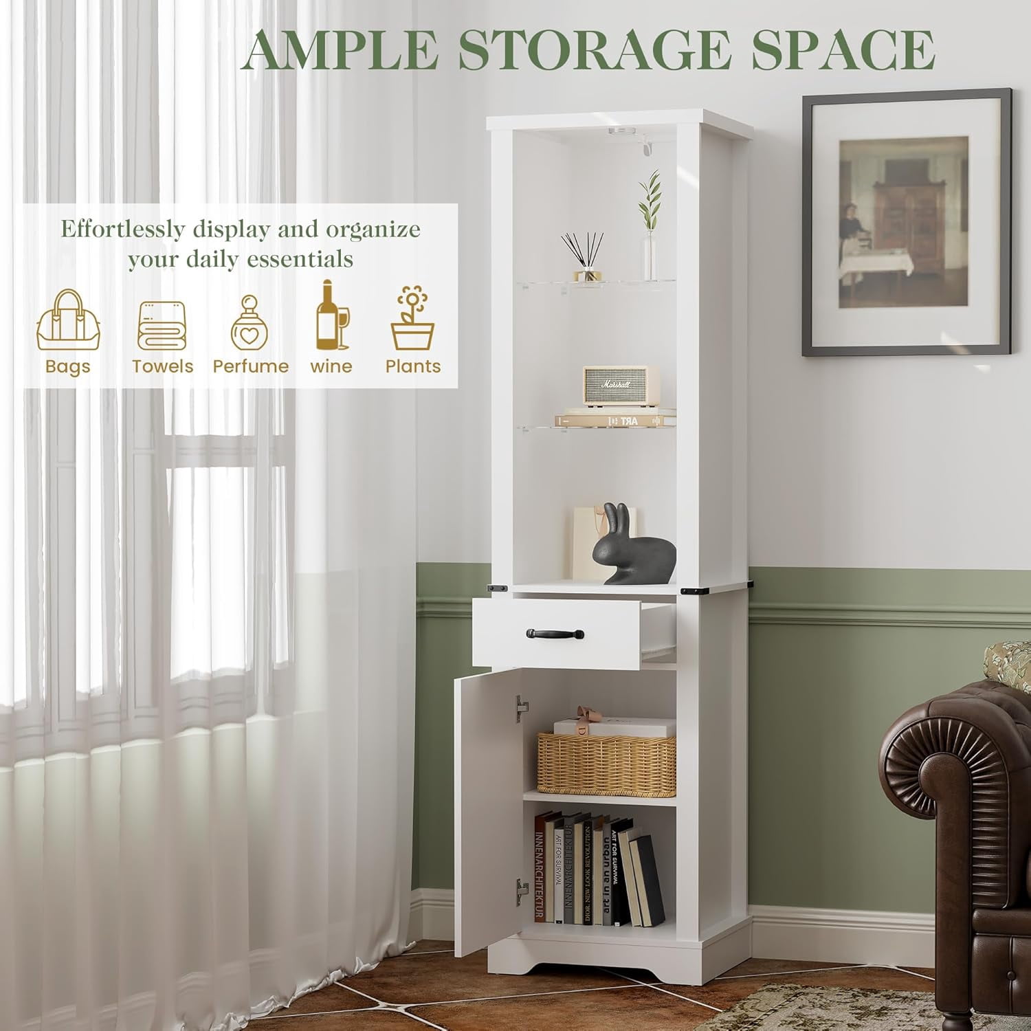 Superjoe 75'' Tall Storage Cabinet with LED Light, Farmhouse Pantry Cabinet with Tempered Glass Adjustable Shelves & Barn Door, Freestanding Linen Tower for Bathroom, Living Room, Kitchen, White