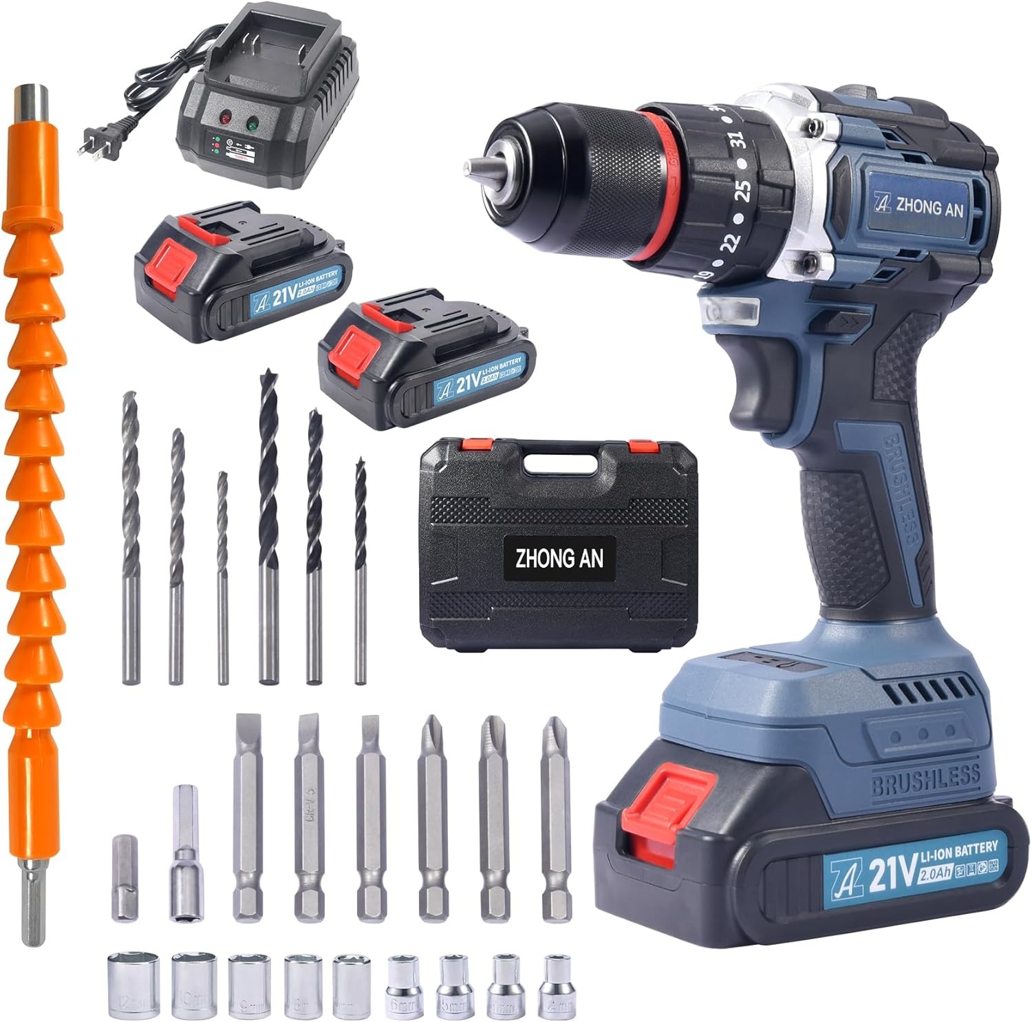 13mm Cordless Drill 2 Variable Speed,with 1 Charger and 2 Batteries,Electric Power Drill Set 24 Driver Bits,Durable and Portable,21V 2000mAh