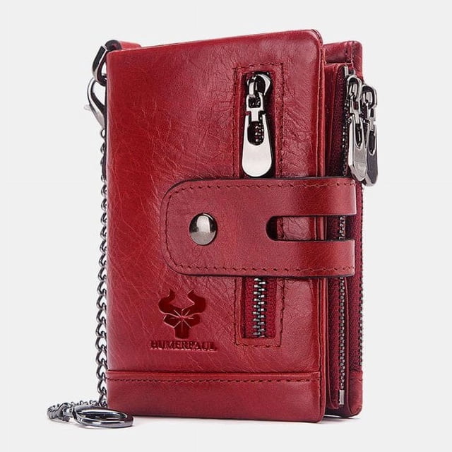 DEFNES Cartera Antirrobo con Cremallera Antirrobo RFID De Cuero Genuino para Hombres con Cadena - Café,Red