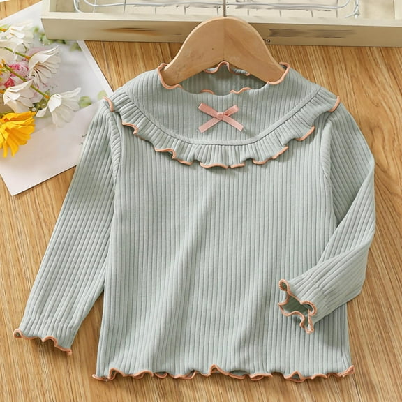 Cowsor Girls Soft Ribbed Peter Pan Collar Bow T-Shirt Sweet and Ribbed Knit Casua Cute Tops