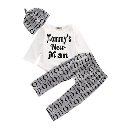 

Bebiullo Newborn Baby Boy Mommy s New Man Romper Harem Pants Hat 3pcs Outfits Set