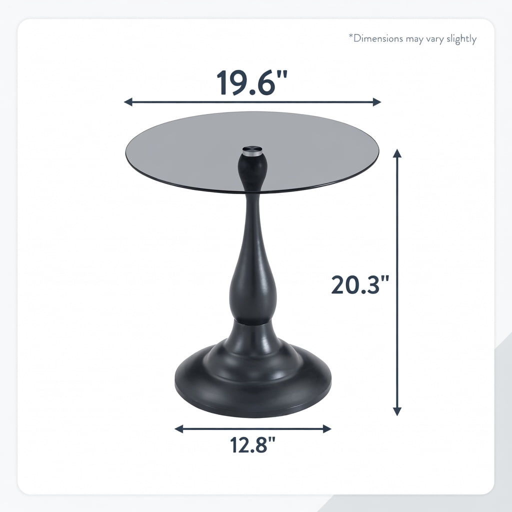 Hommoo Vintage Matte Round Side Table with Tempered Glass Top, 20.3" H, 19.6" Diameter, Sturdy Metal Base for Bedroom, Living Room, or Patio, Black