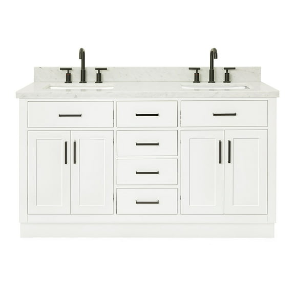 Ariel Hepburn 61 In. Double Rectangle Sink Vanity With 1.5 In. Carrara White Countertop In White