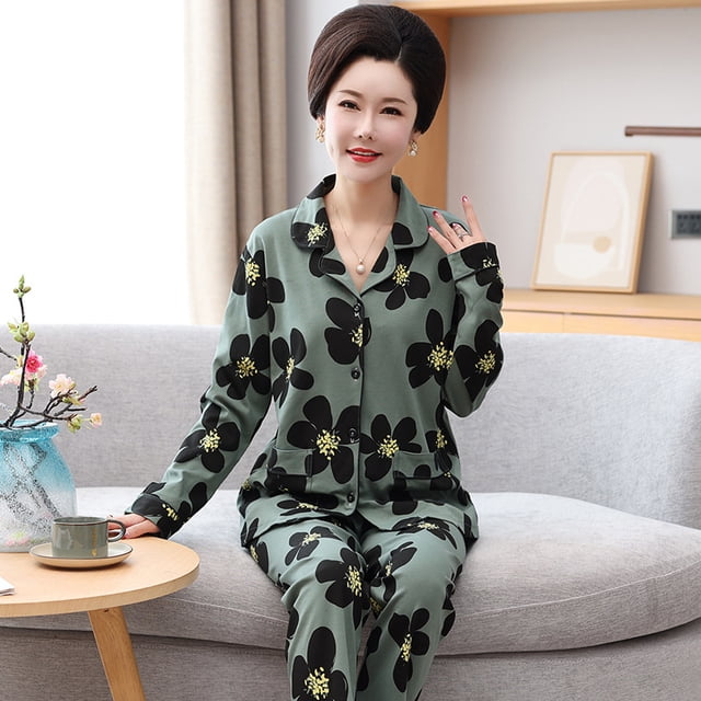 REDHOTYPE Femmes Matures Mode Imprimé Dames Pyjamas Manches Longues Pantalons Coton Grande Taille Col Rond Loungewear Deux Pièces Set