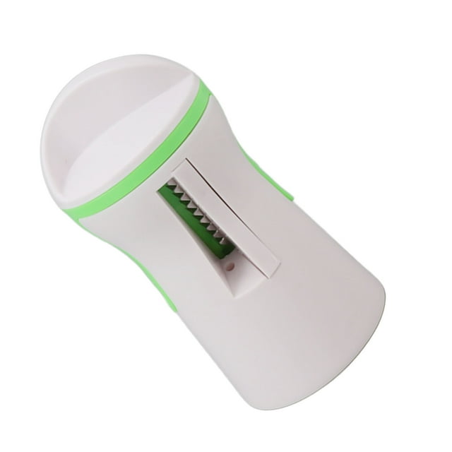 Handheld Spiralizer Vegetable Cutter, Zucchini Noodle Maker for Restaurant. Compact kitchen gadget with a white and green plastic design, featuring a sharp blade for precise vegetable cutting. Perfect for creating low-carb vegetable noodles and encouraging kids to explore different vegetable forms. Includes a lid for safe storage.