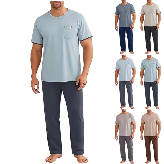 Men's 2 Piece Lounge Set Casual Modal Cotton Blend Tee & Jogger, Round Neck Short Sleeve Shirt Loose Waist Long Pants, Soft Stretch Breathable Summer Vacation | Zenithor,Blue L