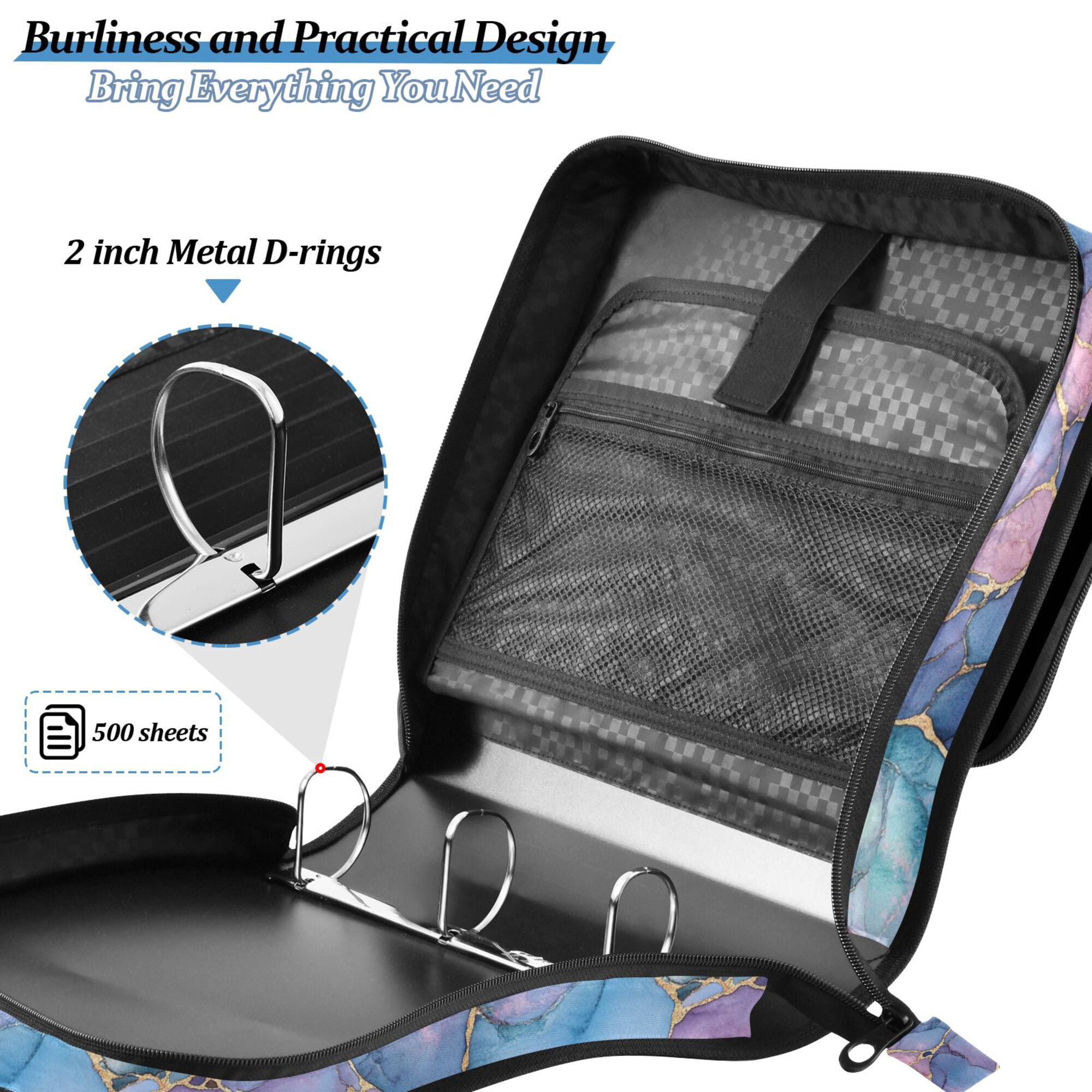 FORMRS Zipper Binder with Shoulder Strap 2-inch Ring 500 Sheet Capacity File Bag, Pink Marble Pattern