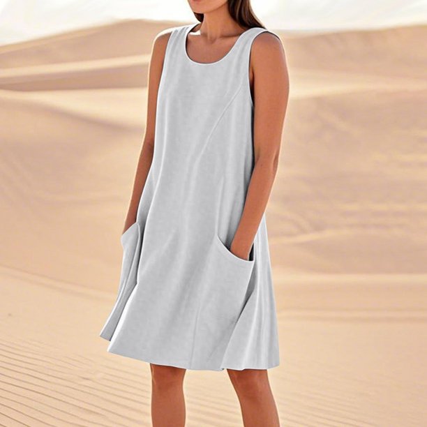 WILLBEST Vestido Midi De Verano Para Mujer, Largo Hasta La Rodilla, Informal, Para Playa, Resort, Sin Mangas, Color Liso, Con Bolsillos