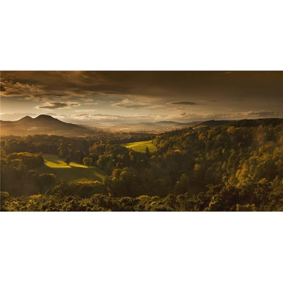 Design Pics DPI2031962 Sunlight Cast On Trees & Mountains Through The Clouds - Scots View Scottish Borders Scotland Poster Print, 21 x 10