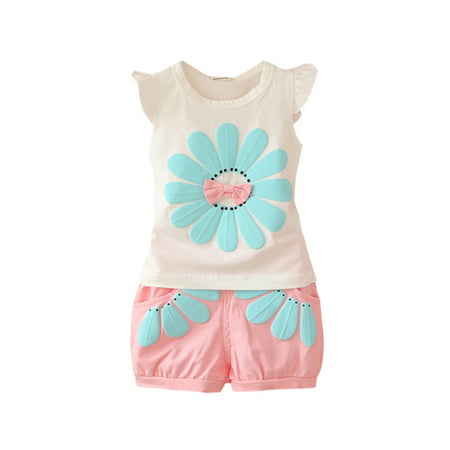 Toddler Baby Girl Summer Clothes Set Flower T-Shirt Tops+Shorts Beach Wear