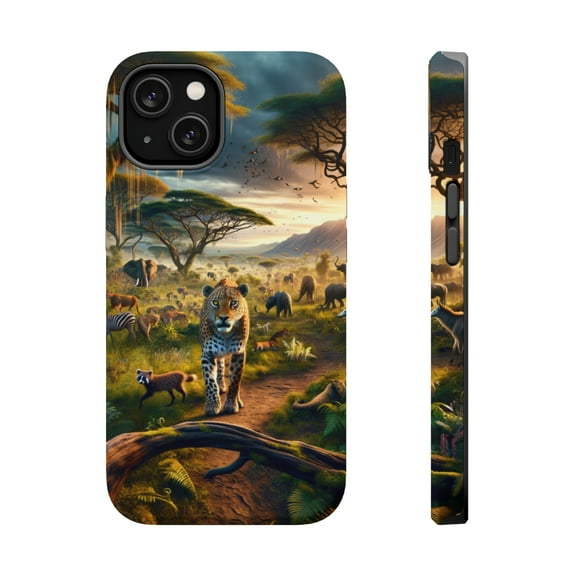 DistinctInk Tough Case for Apple iPhone 15 (6.1" Screen), Compatible with MagSafe Charging - "The Majestic Leopard: A Vibrant Safari Serenade"